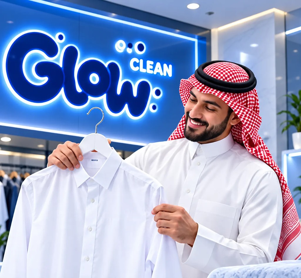 مختص Glow Clean يفحص قميصاً أبيض داخل الفرع